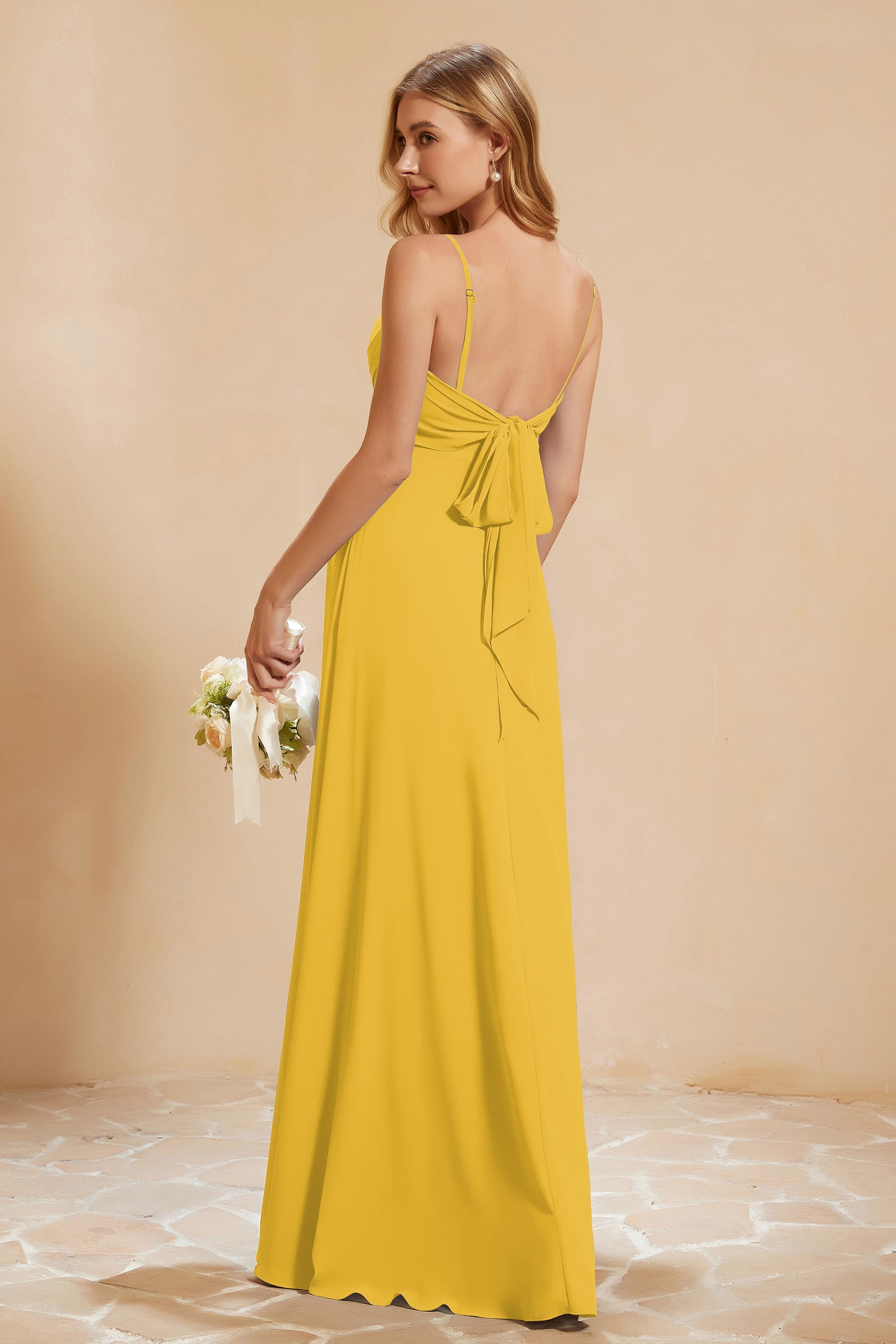 Spaghetti Straps Backless Chiffon Bridesmaid Dress Ruched Pleated Formal Evening Dresses Gowns