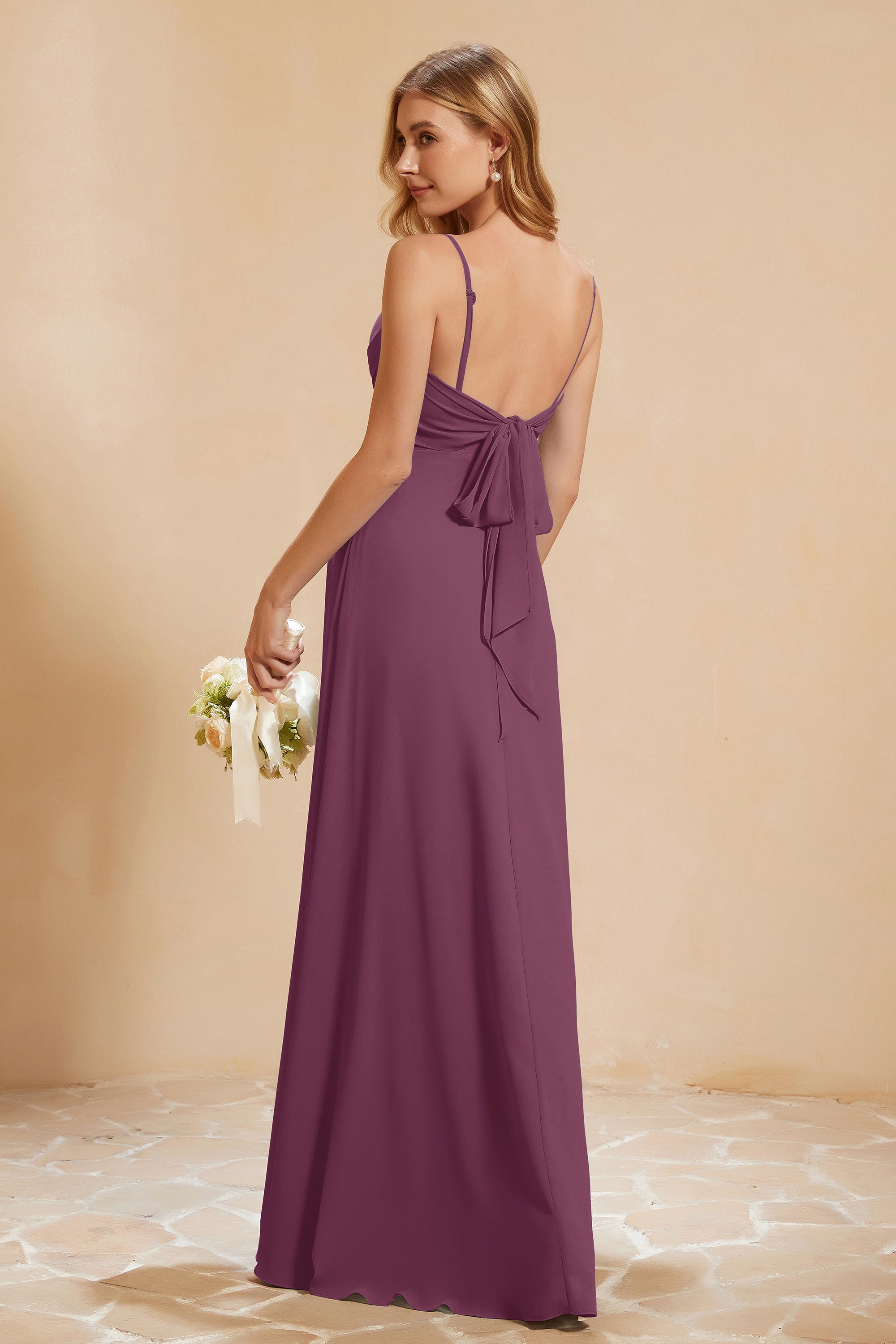 Spaghetti Straps Backless Chiffon Bridesmaid Dress Ruched Pleated Formal Evening Dresses Gowns