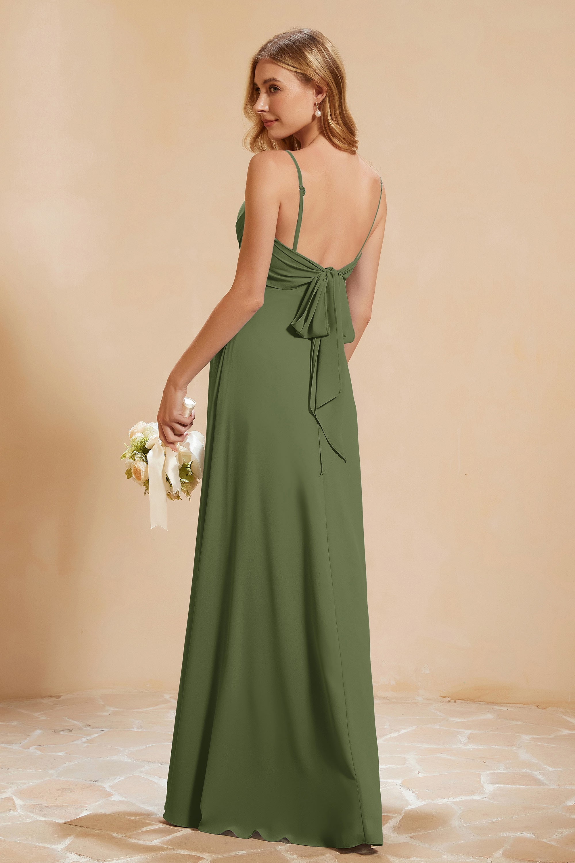 Spaghetti Straps Backless Chiffon Bridesmaid Dress Ruched Pleated Formal Evening Dresses Gowns