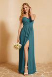 Spaghetti Straps Backless Chiffon Bridesmaid Dress Ruched Pleated Formal Evening Dresses Gowns