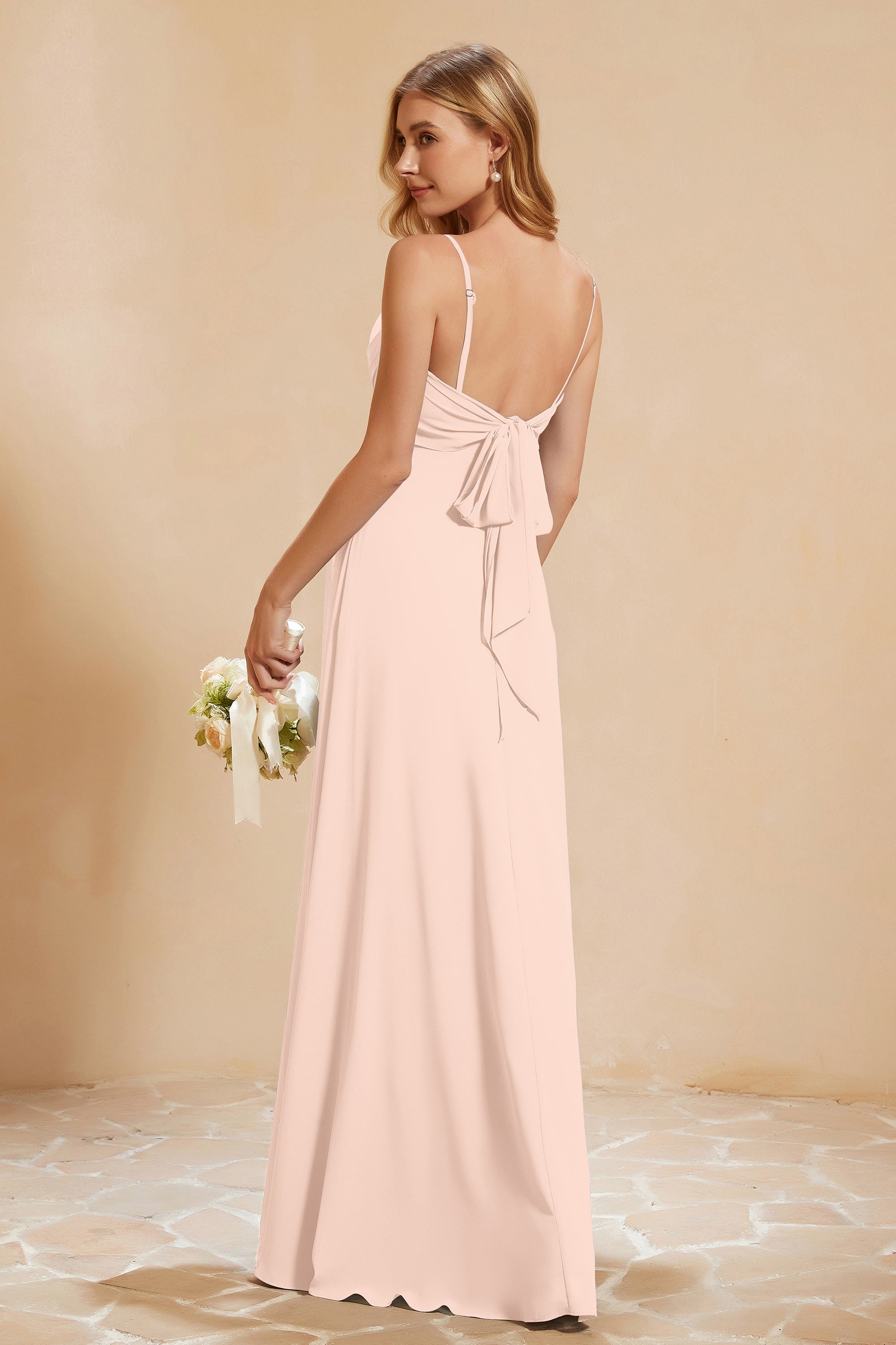 Spaghetti Straps Backless Chiffon Bridesmaid Dress Ruched Pleated Formal Evening Dresses Gowns