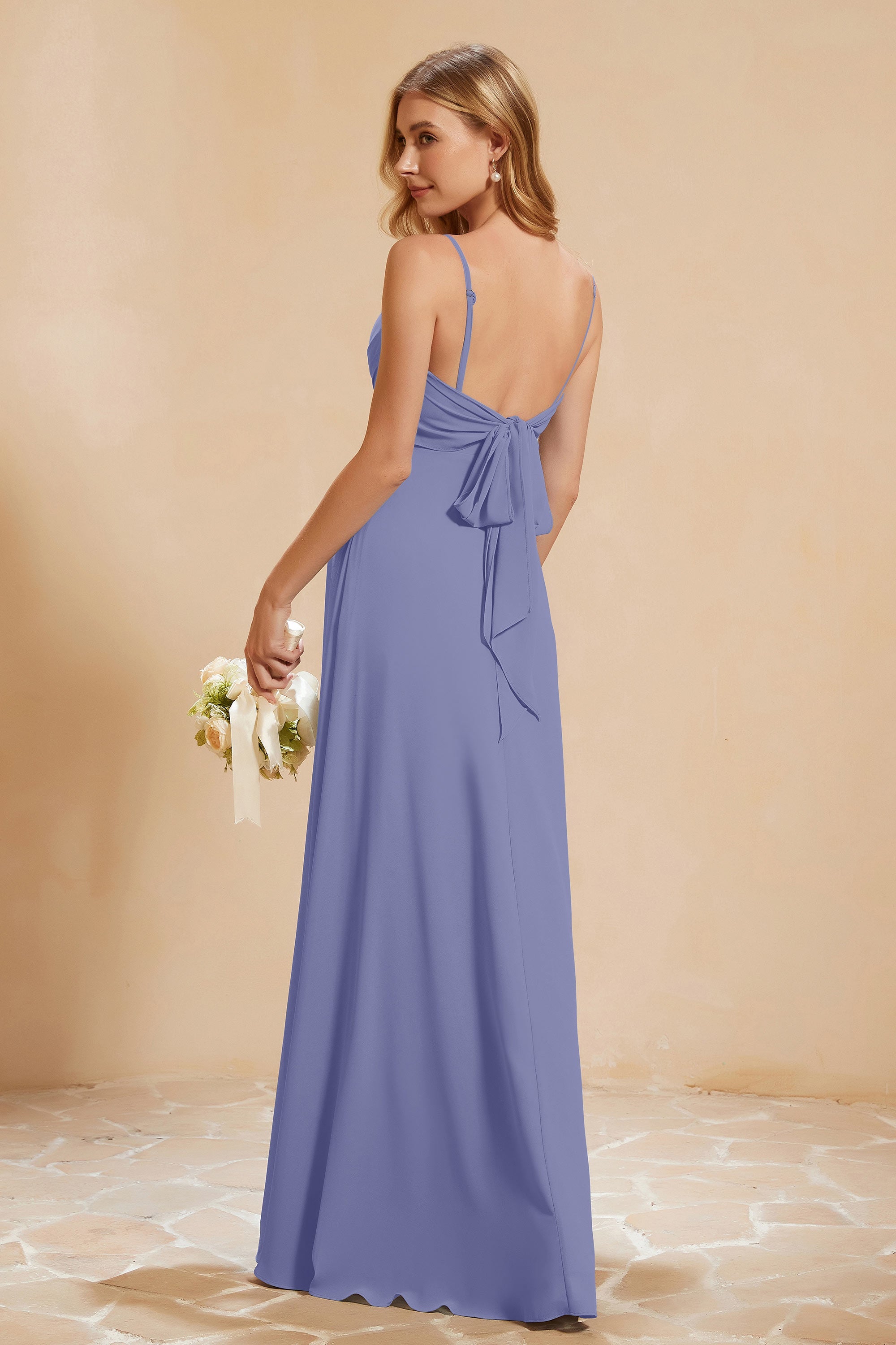 Spaghetti Straps Backless Chiffon Bridesmaid Dress Ruched Pleated Formal Evening Dresses Gowns