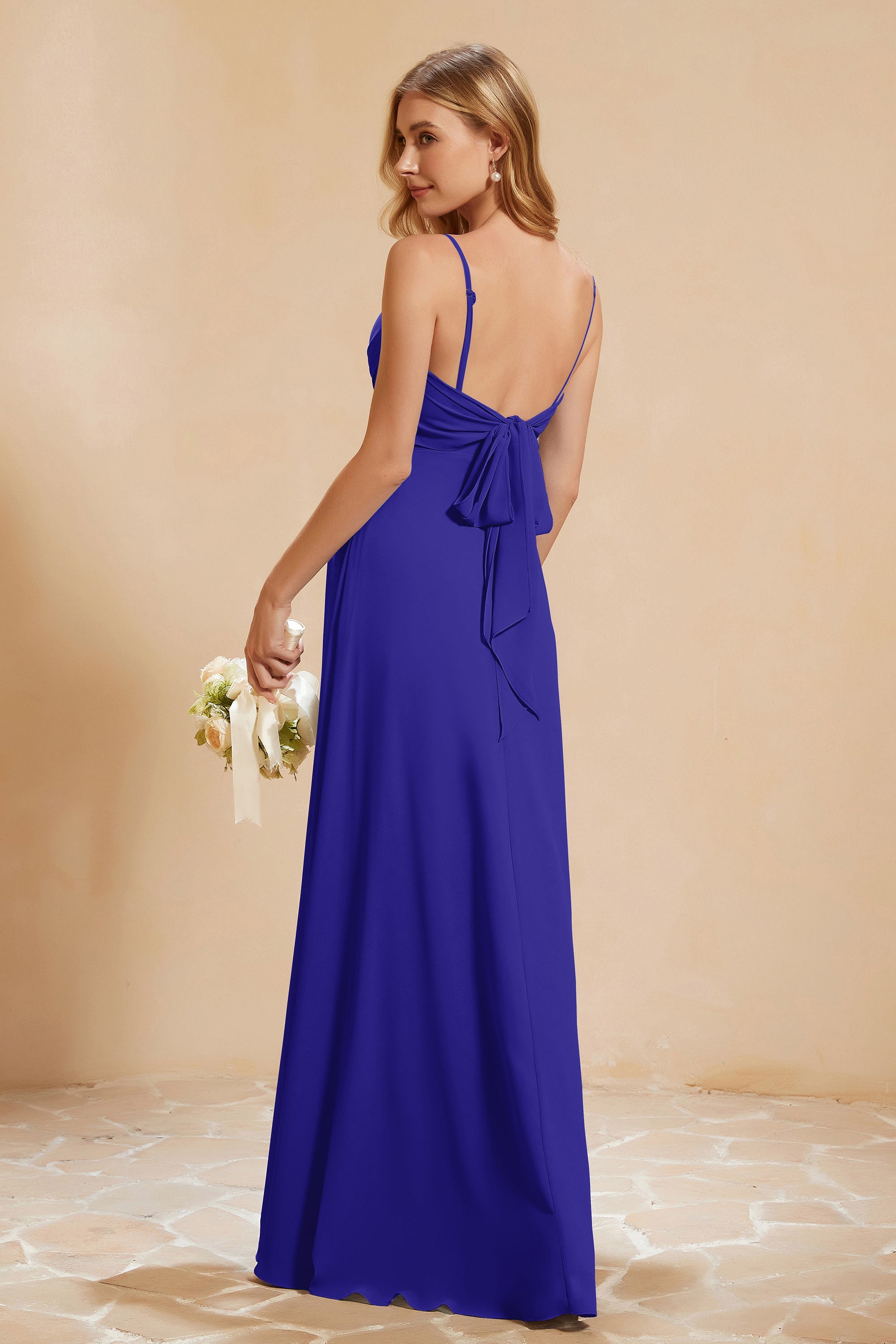Spaghetti Straps Backless Chiffon Bridesmaid Dress Ruched Pleated Formal Evening Dresses Gowns