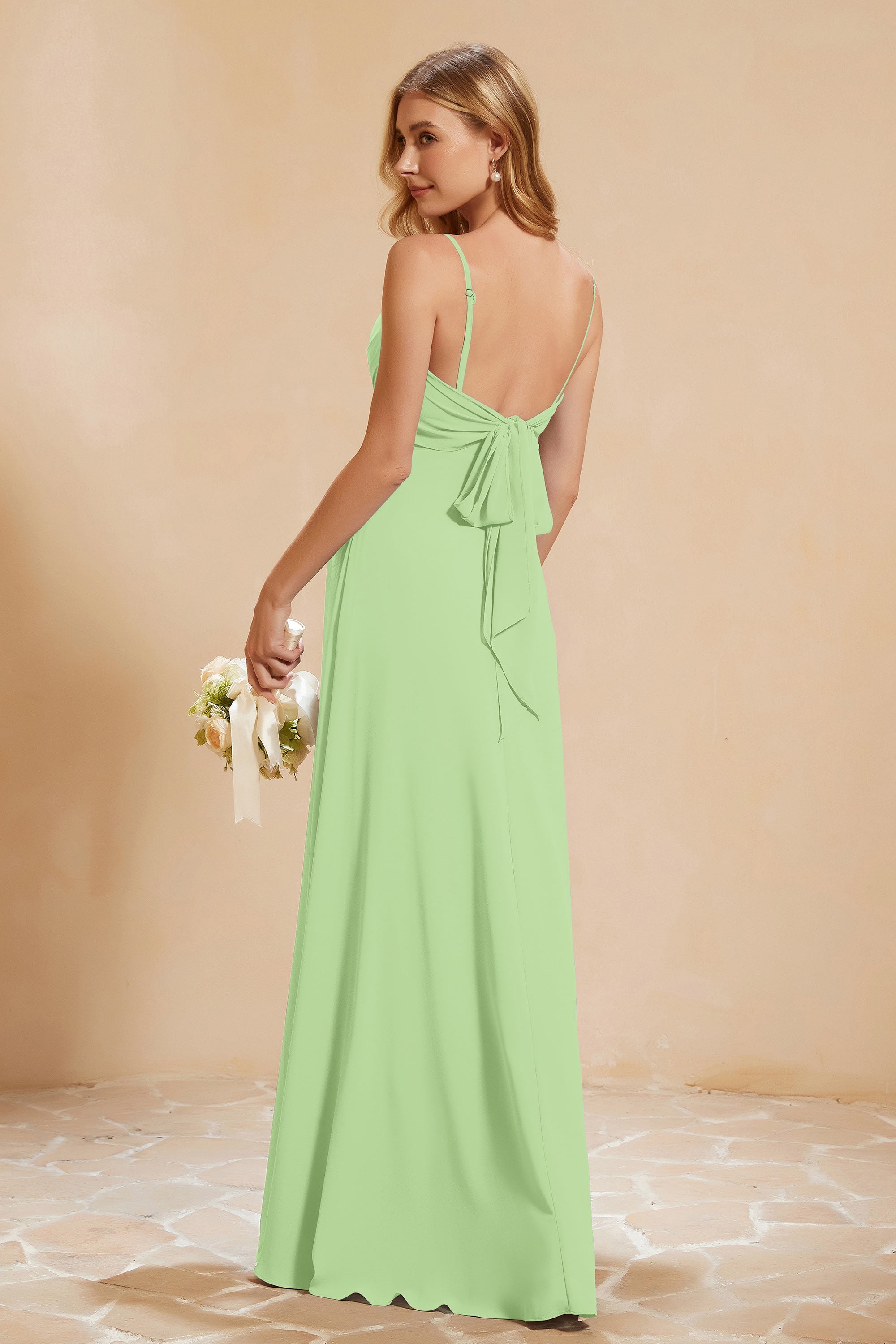Spaghetti Straps Backless Chiffon Bridesmaid Dress Ruched Pleated Formal Evening Dresses Gowns