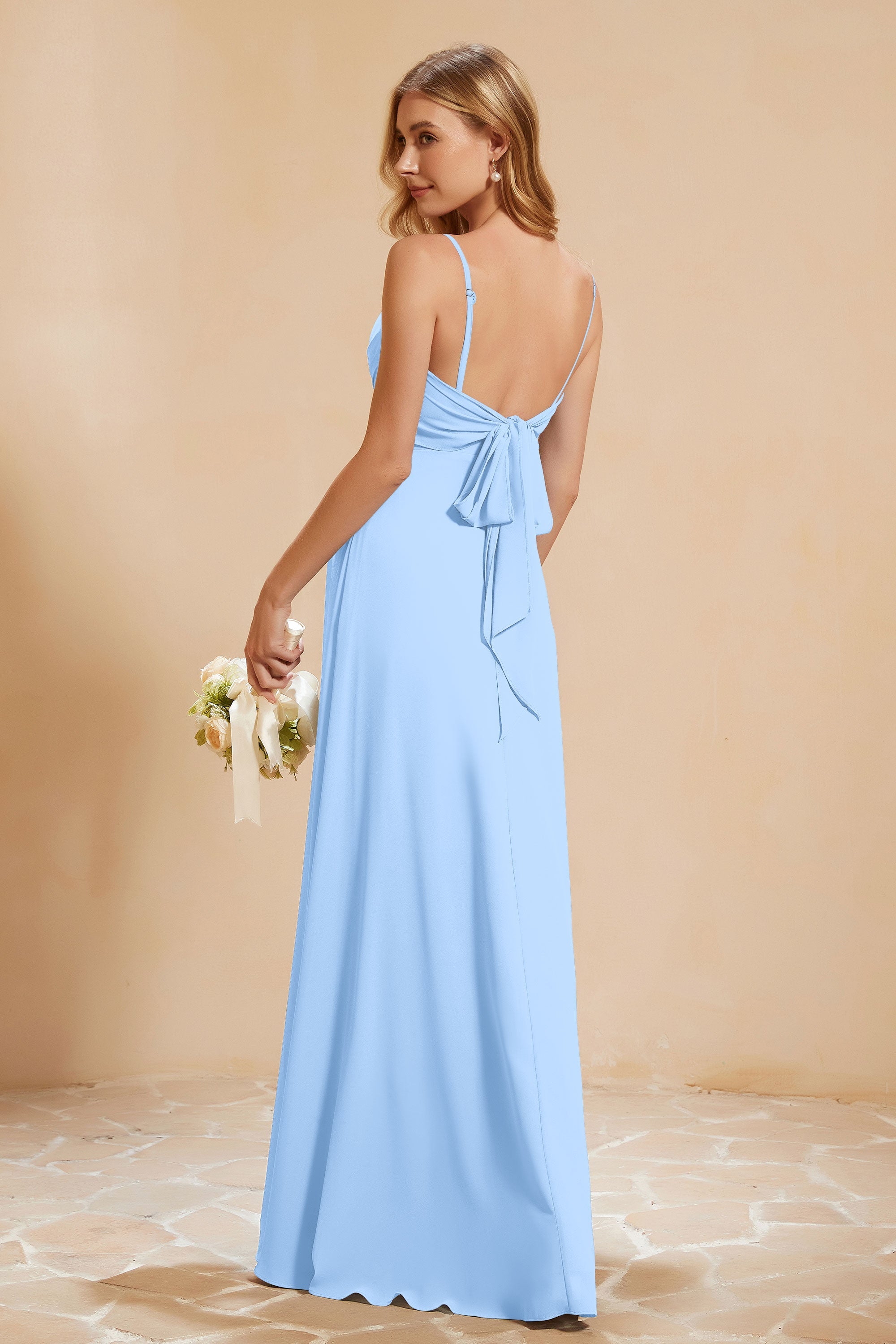 Spaghetti Straps Backless Chiffon Bridesmaid Dress Ruched Pleated Formal Evening Dresses Gowns