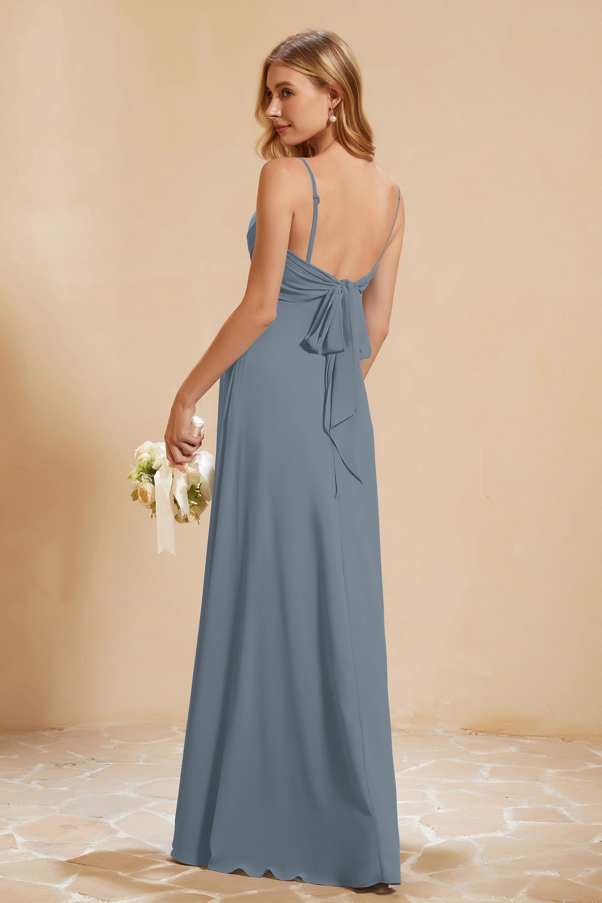 Spaghetti Straps Backless Chiffon Bridesmaid Dress Ruched Pleated Formal Evening Dresses Gowns