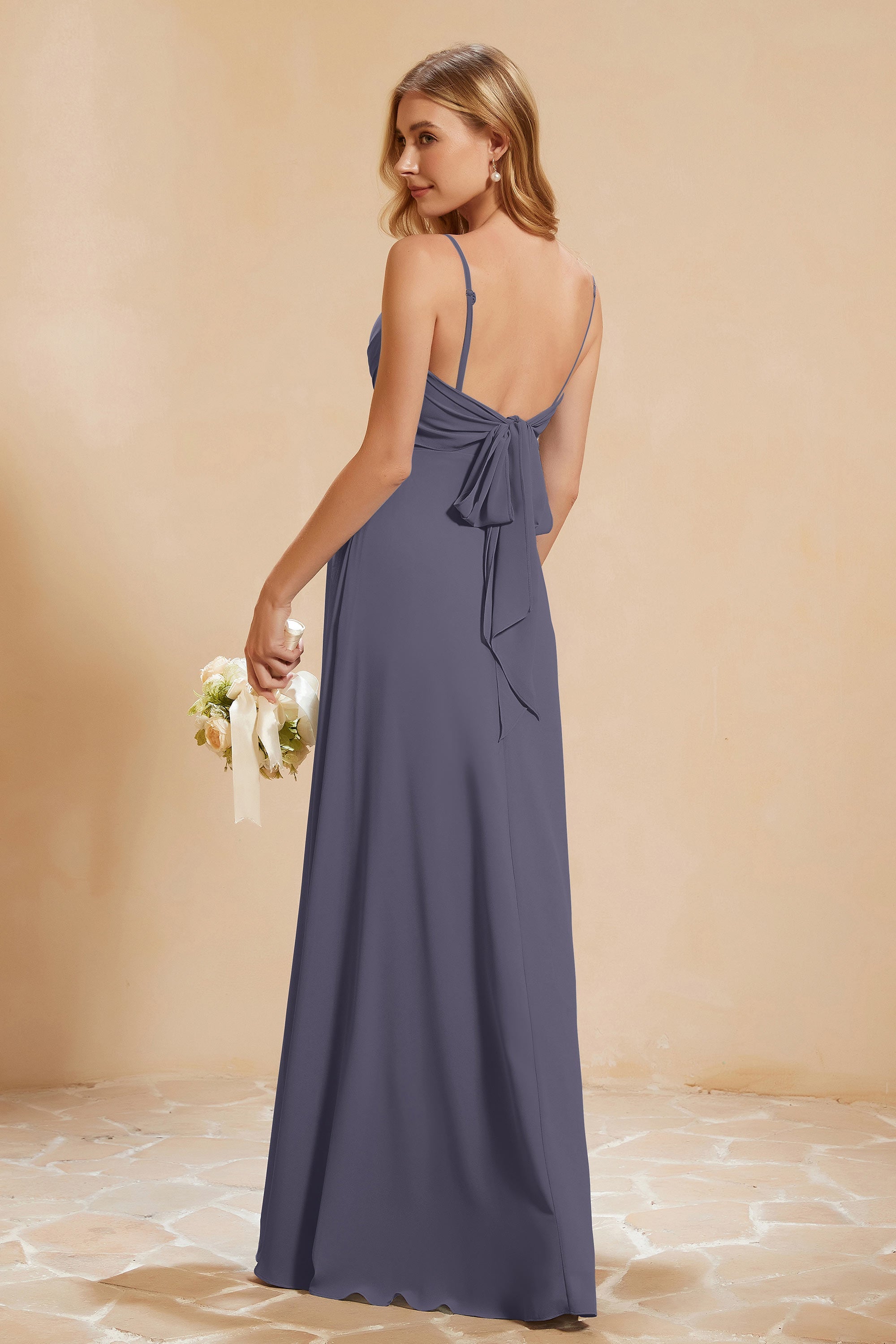 Spaghetti Straps Backless Chiffon Bridesmaid Dress Ruched Pleated Formal Evening Dresses Gowns