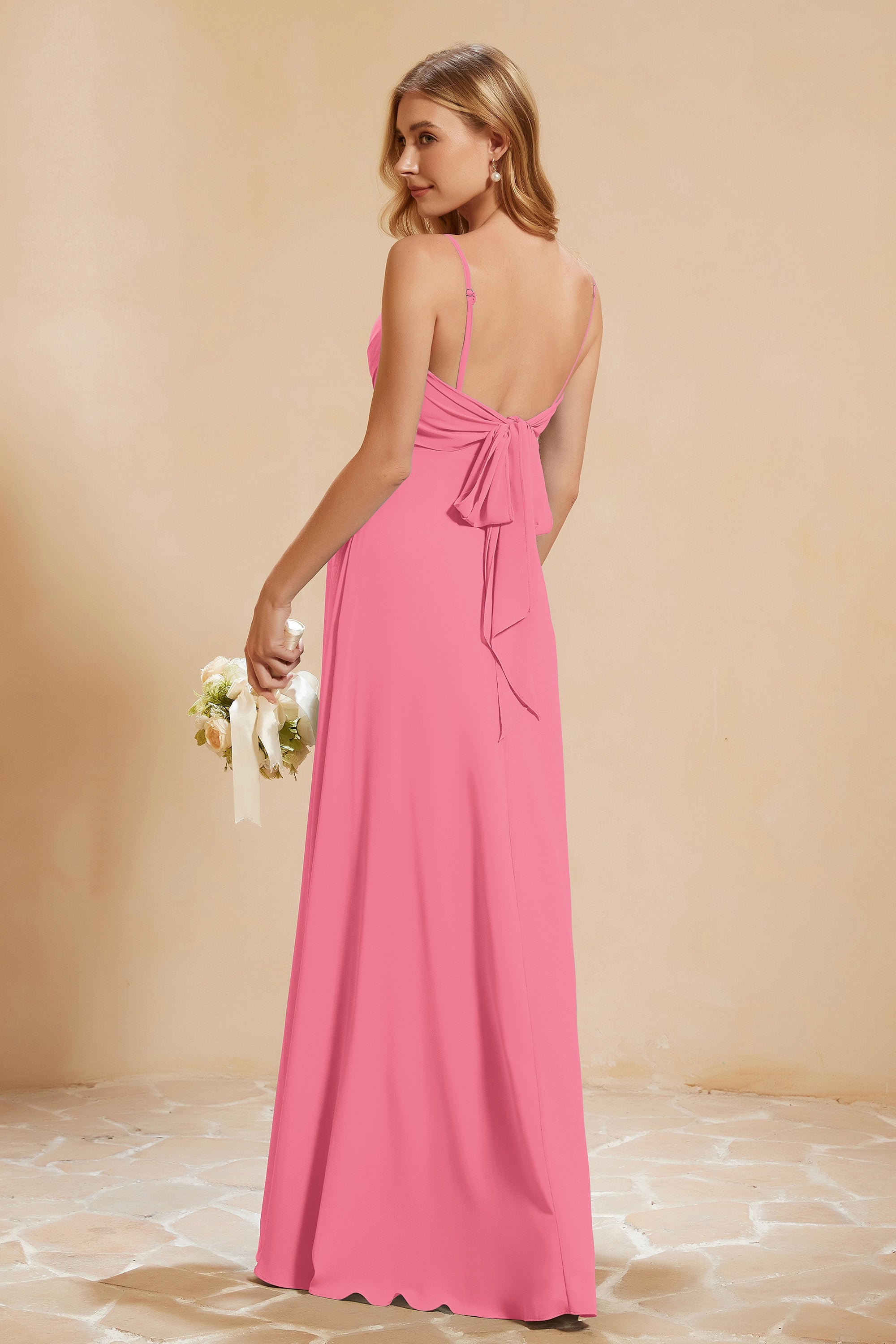 Spaghetti Straps Backless Chiffon Bridesmaid Dress Ruched Pleated Formal Evening Dresses Gowns