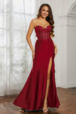 Sweetheart Jersey Mermaid Formal Evening Dresses with Slit Prom Party Gowns Appliques Beaded