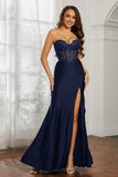 Sweetheart Jersey Mermaid Formal Evening Dresses with Slit Prom Party Gowns Appliques Beaded