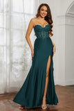 Sweetheart Jersey Mermaid Formal Evening Dresses with Slit Prom Party Gowns Appliques Beaded