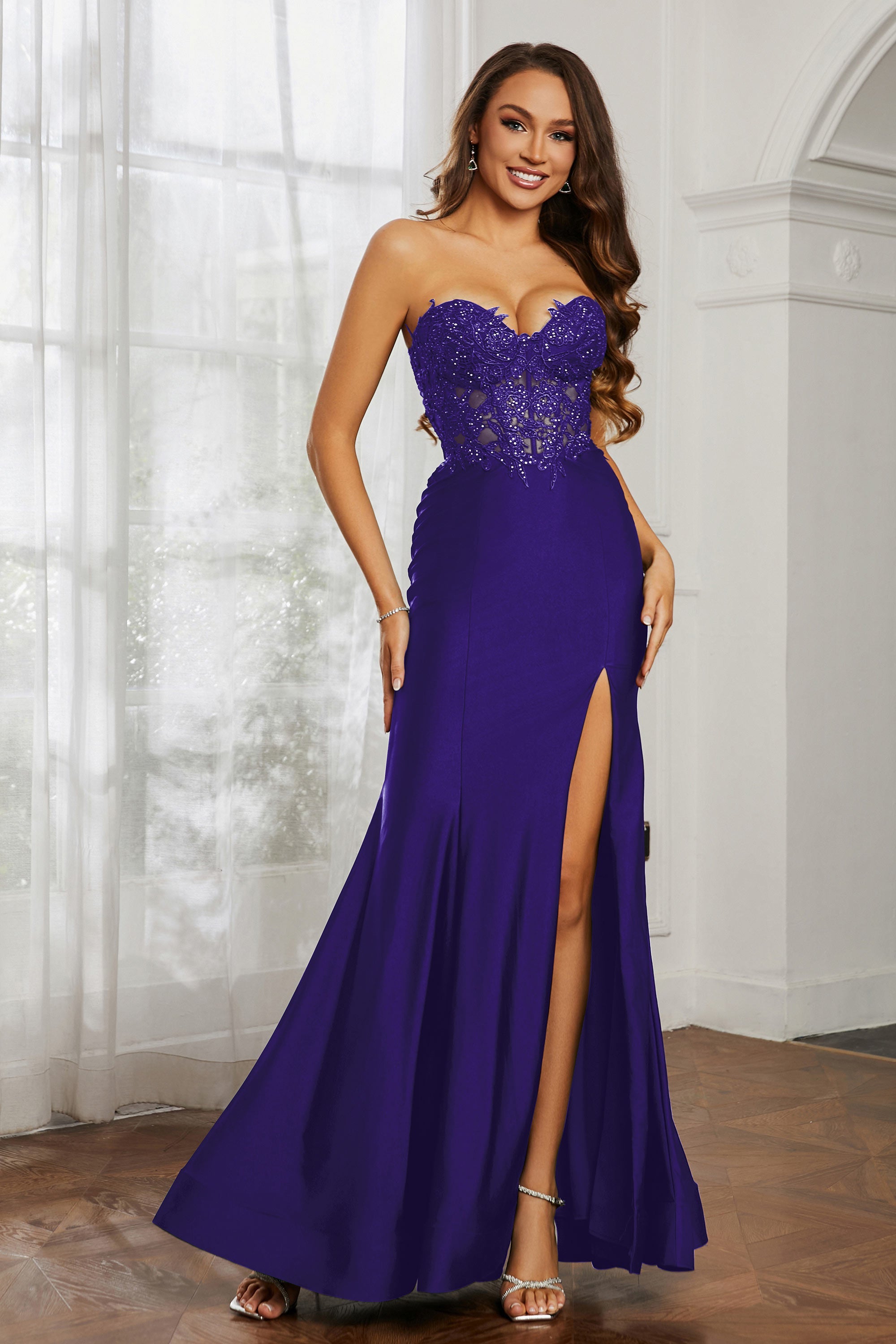Sweetheart Jersey Mermaid Formal Evening Dresses with Slit Prom Party Gowns Appliques Beaded