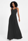 Spaghetti Straps Chiffon Lace Bridesmaid Dress Ruched Long Formal Evening Dresses Gowns