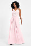 Spaghetti Straps Chiffon Lace Bridesmaid Dress Ruched Long Formal Evening Dresses Gowns