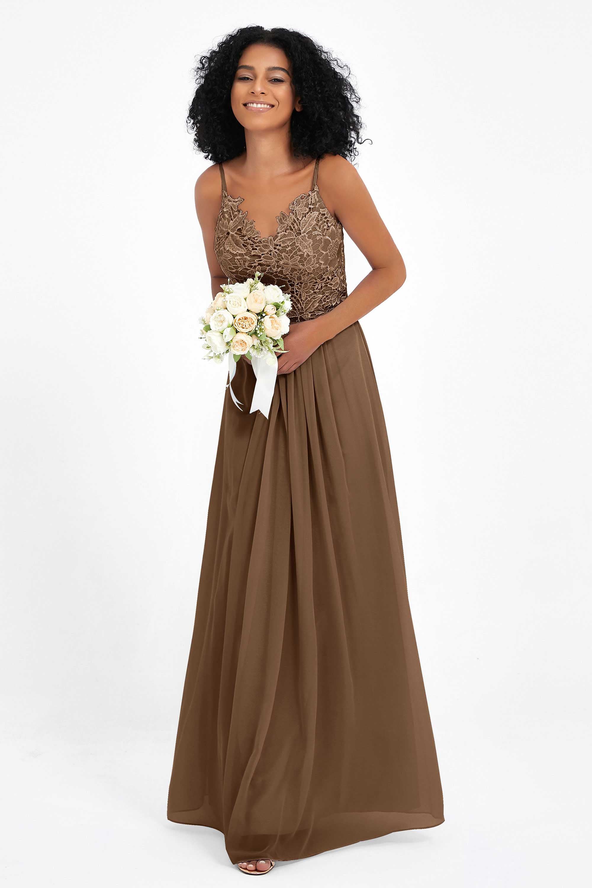 Spaghetti Straps Chiffon Lace Bridesmaid Dress Ruched Long Formal Evening Dresses Gowns