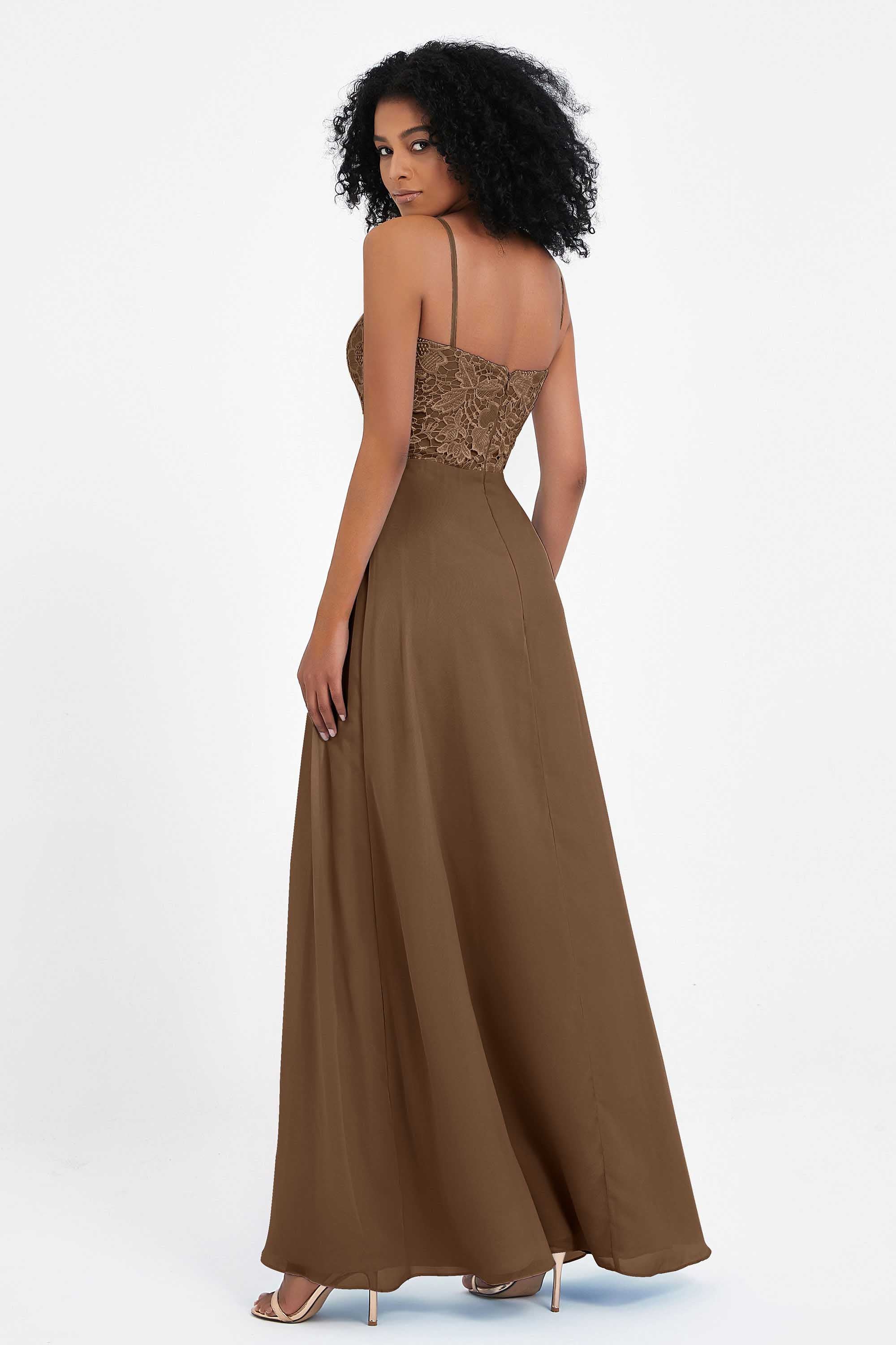 Spaghetti Straps Chiffon Lace Bridesmaid Dress Ruched Long Formal Evening Dresses Gowns