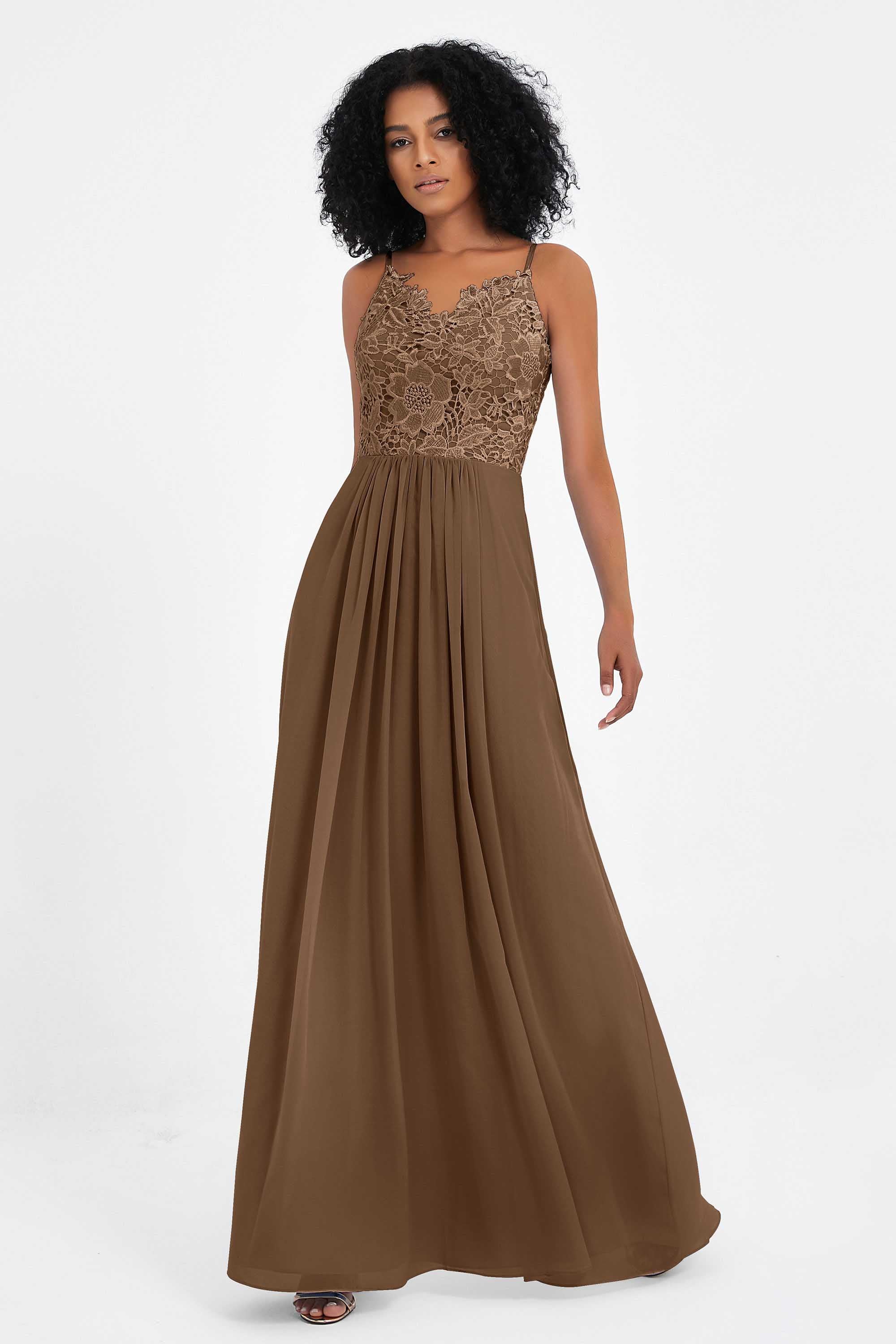 Spaghetti Straps Chiffon Lace Bridesmaid Dress Ruched Long Formal Evening Dresses Gowns