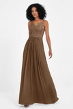 Spaghetti Straps Chiffon Lace Bridesmaid Dress Ruched Long Formal Evening Dresses Gowns