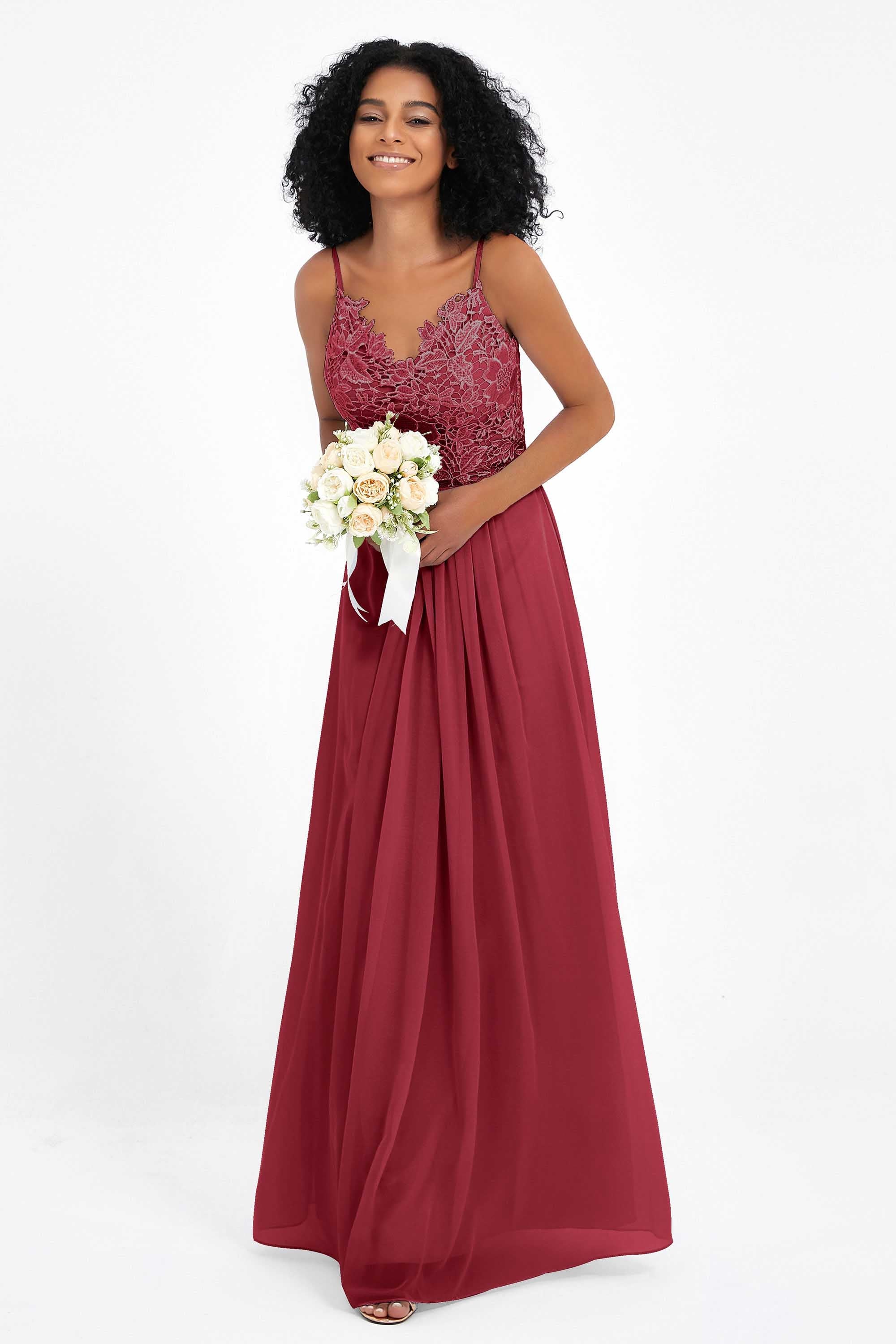 Spaghetti Straps Chiffon Lace Bridesmaid Dress Ruched Long Formal Evening Dresses Gowns