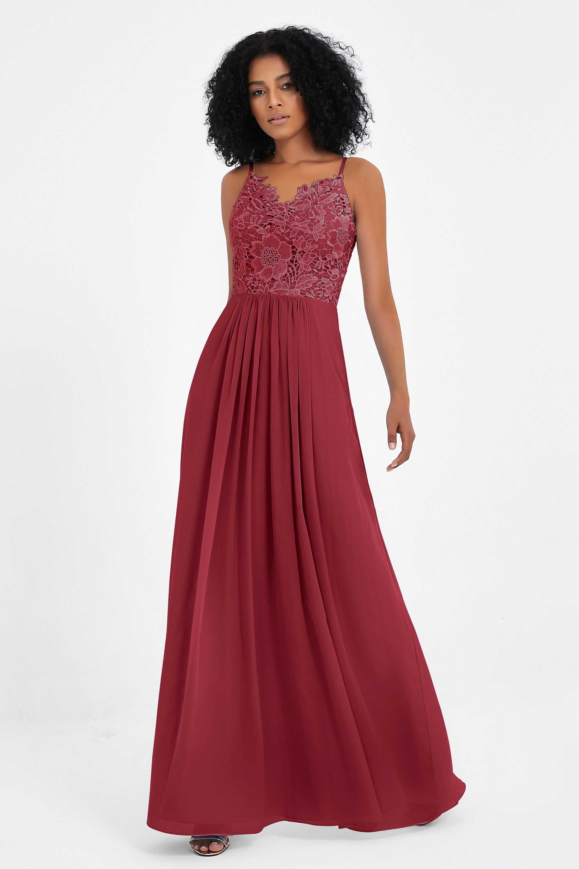 Spaghetti Straps Chiffon Lace Bridesmaid Dress Ruched Long Formal Evening Dresses Gowns
