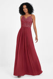 Spaghetti Straps Chiffon Lace Bridesmaid Dress Ruched Long Formal Evening Dresses Gowns
