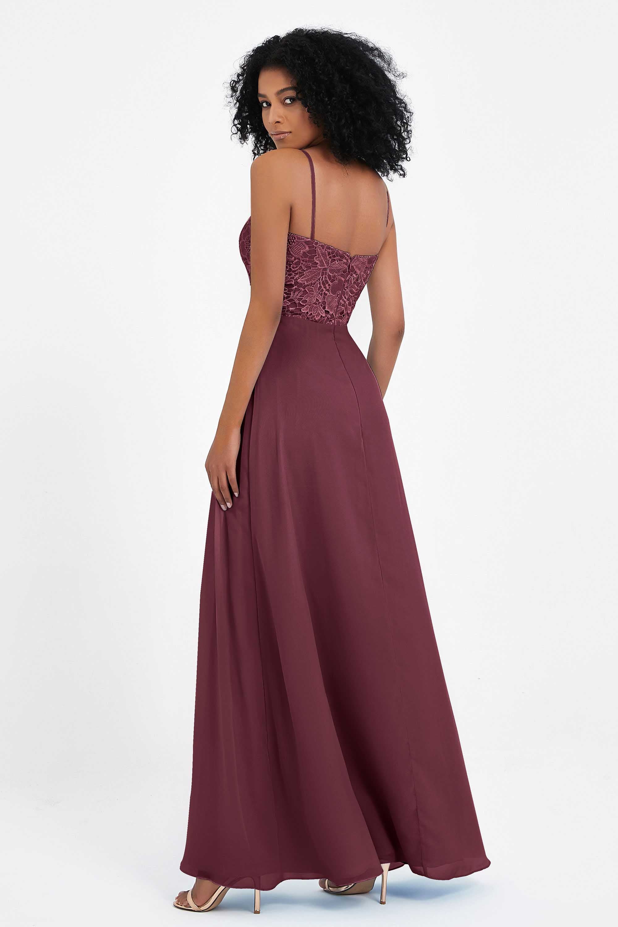 Spaghetti Straps Chiffon Lace Bridesmaid Dress Ruched Long Formal Evening Dresses Gowns