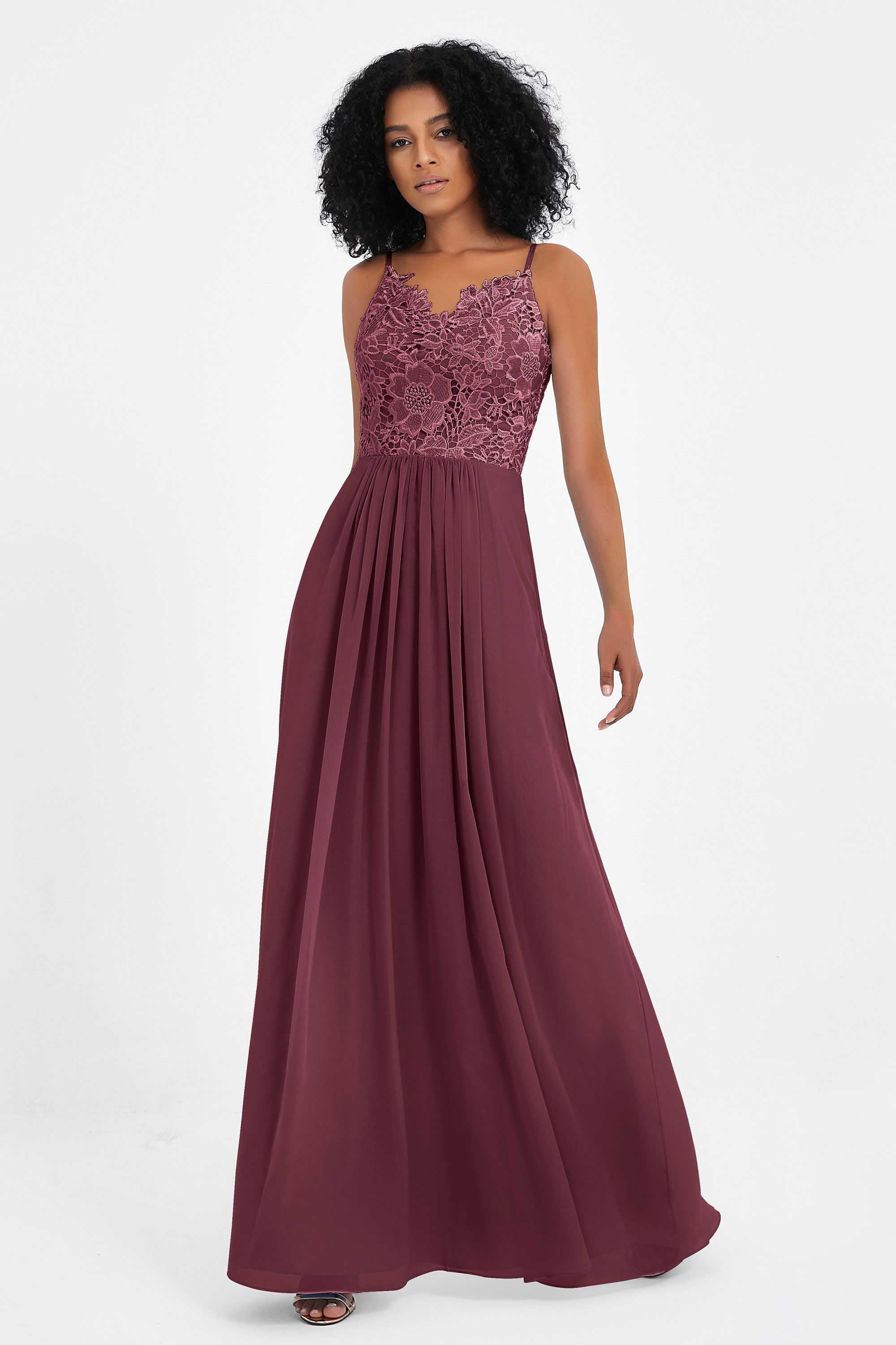 Spaghetti Straps Chiffon Lace Bridesmaid Dress Ruched Long Formal Evening Dresses Gowns