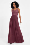 Spaghetti Straps Chiffon Lace Bridesmaid Dress Ruched Long Formal Evening Dresses Gowns