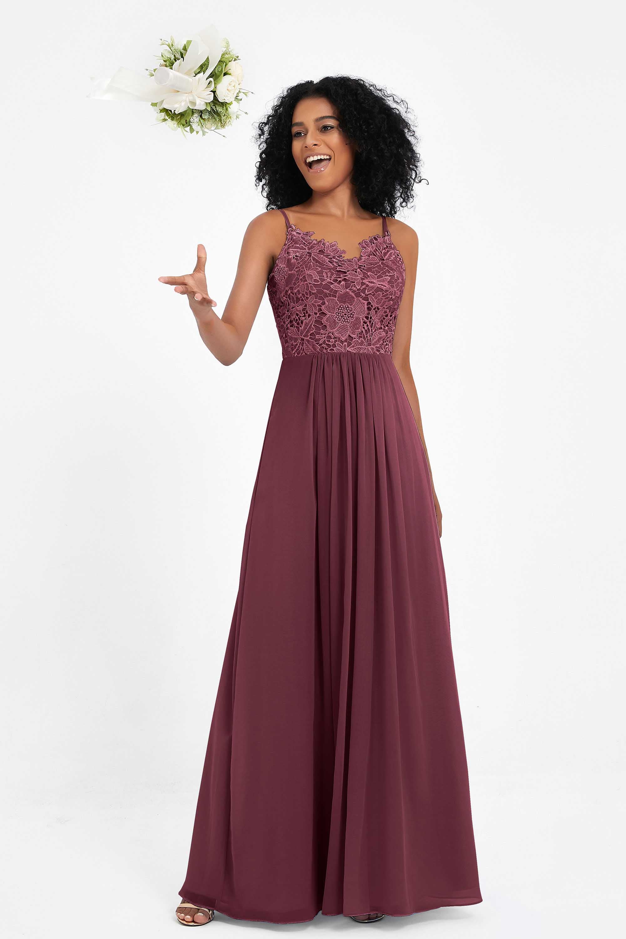 Spaghetti Straps Chiffon Lace Bridesmaid Dress Ruched Long Formal Evening Dresses Gowns