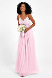 Spaghetti Straps Chiffon Lace Bridesmaid Dress Ruched Long Formal Evening Dresses Gowns