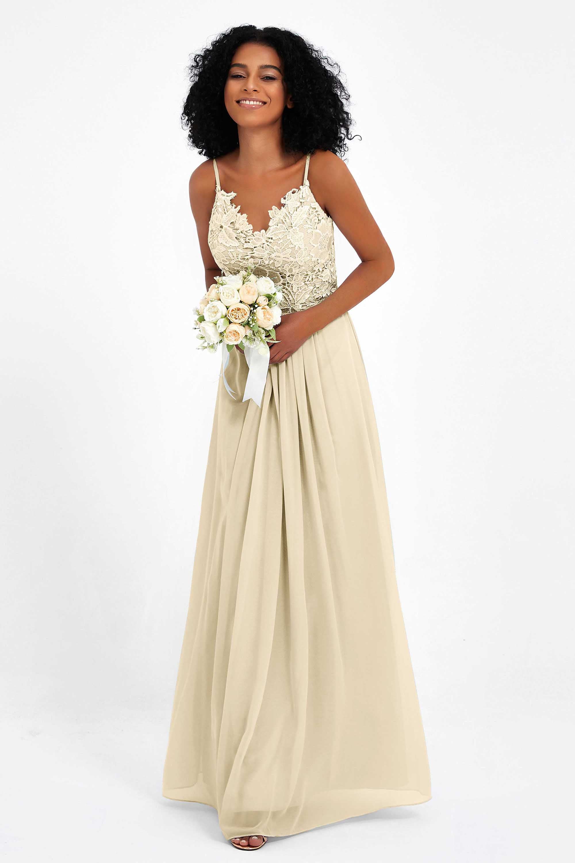 Spaghetti Straps Chiffon Lace Bridesmaid Dress Ruched Long Formal Evening Dresses Gowns