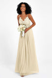 Spaghetti Straps Chiffon Lace Bridesmaid Dress Ruched Long Formal Evening Dresses Gowns