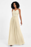 Spaghetti Straps Chiffon Lace Bridesmaid Dress Ruched Long Formal Evening Dresses Gowns
