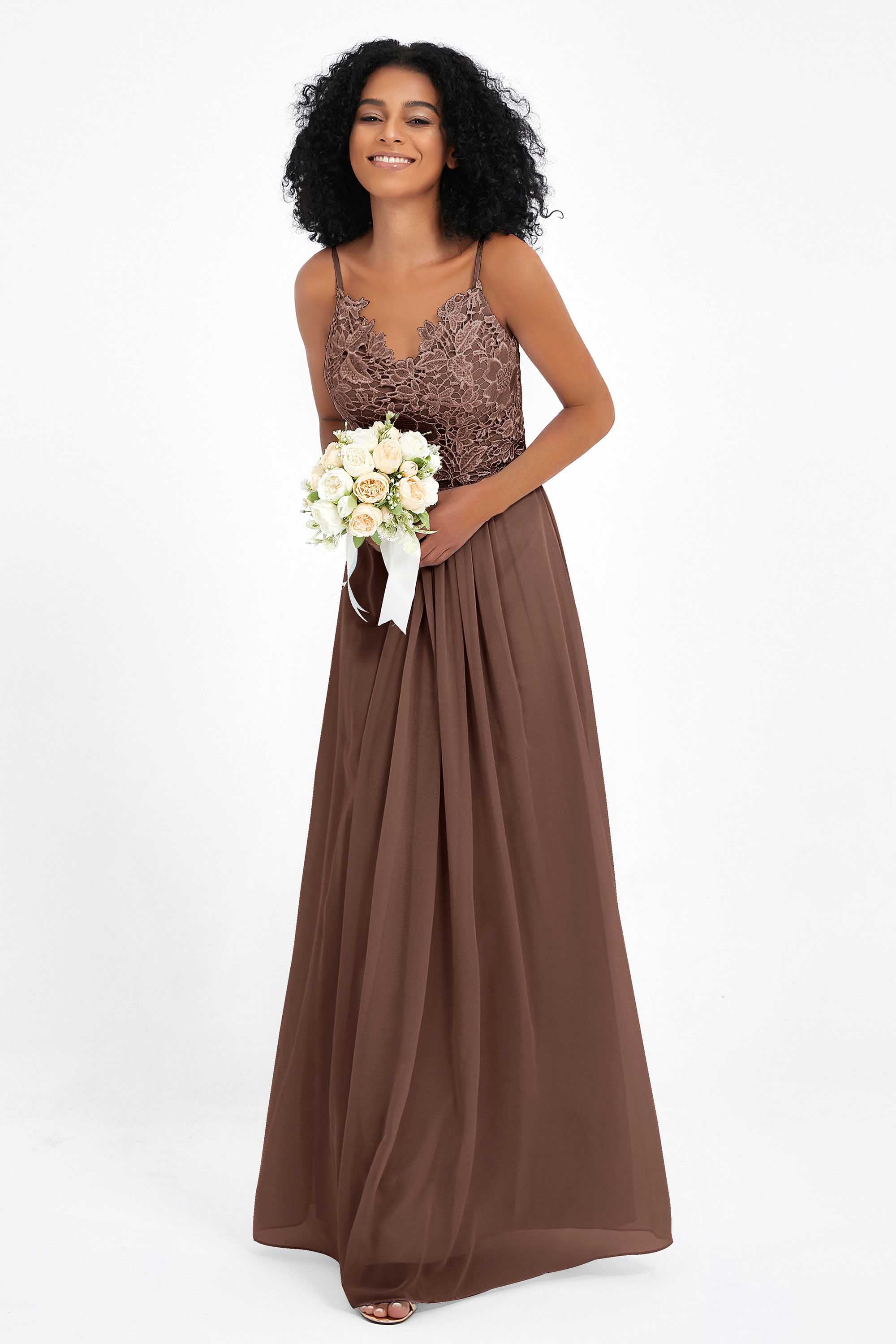 Spaghetti Straps Chiffon Lace Bridesmaid Dress Ruched Long Formal Evening Dresses Gowns