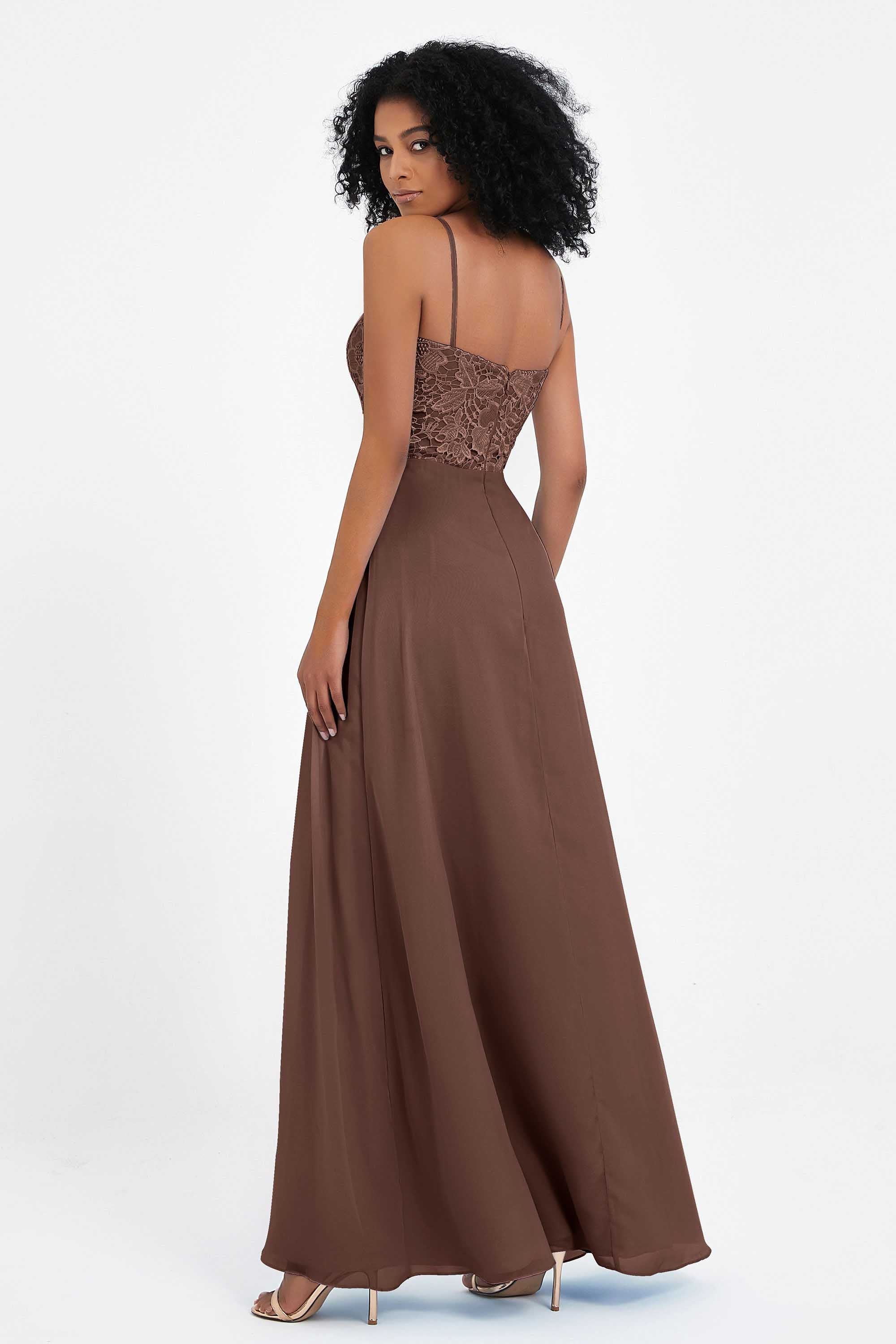 Spaghetti Straps Chiffon Lace Bridesmaid Dress Ruched Long Formal Evening Dresses Gowns