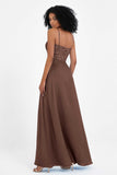 Spaghetti Straps Chiffon Lace Bridesmaid Dress Ruched Long Formal Evening Dresses Gowns