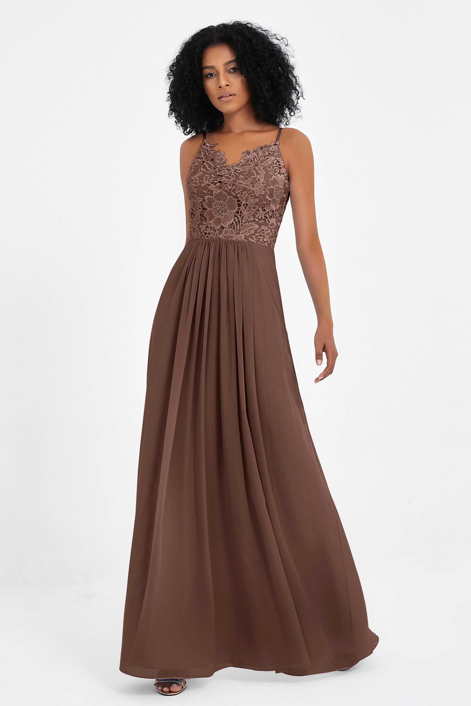 Spaghetti Straps Chiffon Lace Bridesmaid Dress Ruched Long Formal Evening Dresses Gowns