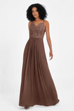 Spaghetti Straps Chiffon Lace Bridesmaid Dress Ruched Long Formal Evening Dresses Gowns