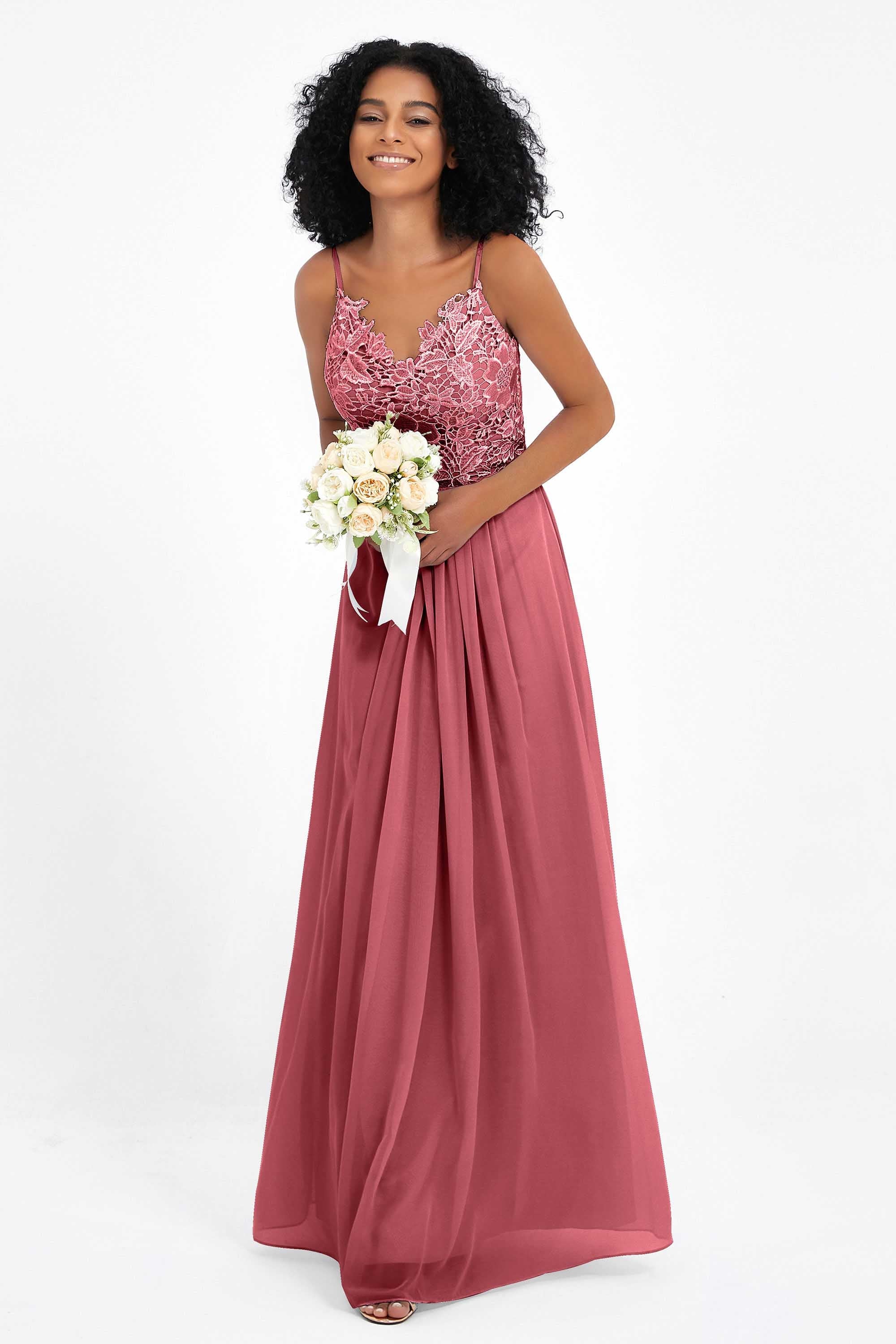 Spaghetti Straps Chiffon Lace Bridesmaid Dress Ruched Long Formal Evening Dresses Gowns