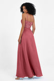 Spaghetti Straps Chiffon Lace Bridesmaid Dress Ruched Long Formal Evening Dresses Gowns