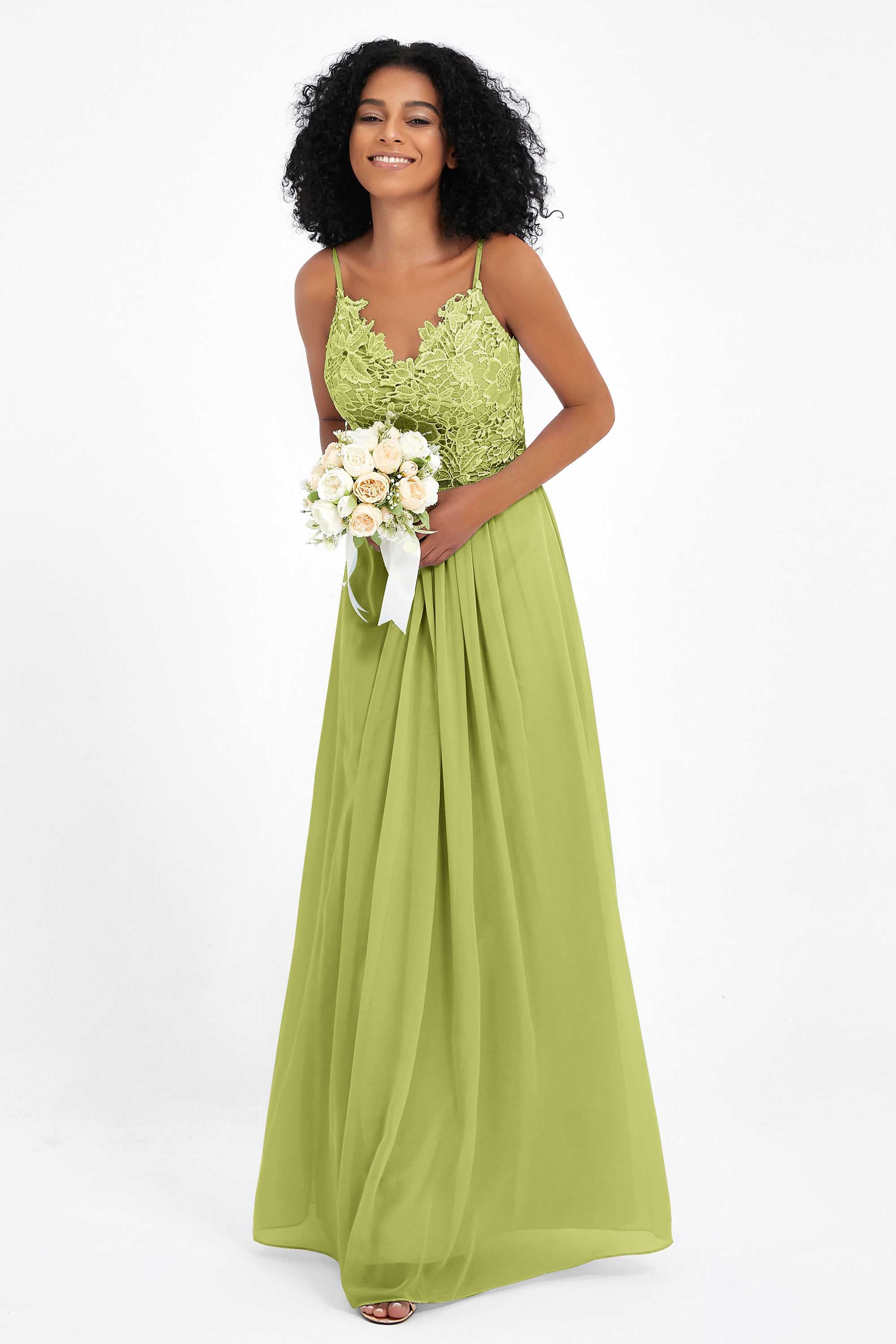 Spaghetti Straps Chiffon Lace Bridesmaid Dress Ruched Long Formal Evening Dresses Gowns