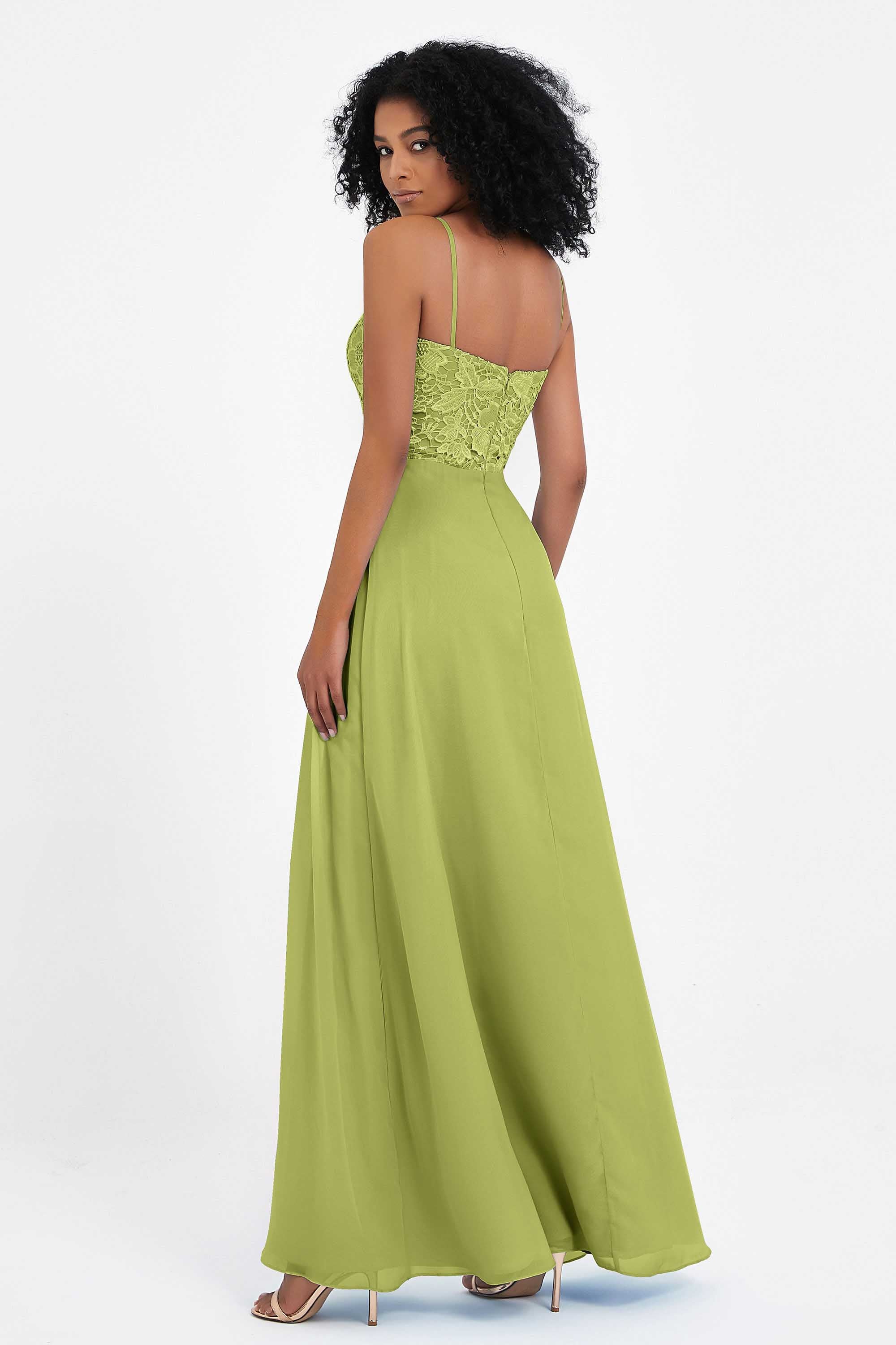 Spaghetti Straps Chiffon Lace Bridesmaid Dress Ruched Long Formal Evening Dresses Gowns