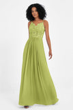 Spaghetti Straps Chiffon Lace Bridesmaid Dress Ruched Long Formal Evening Dresses Gowns