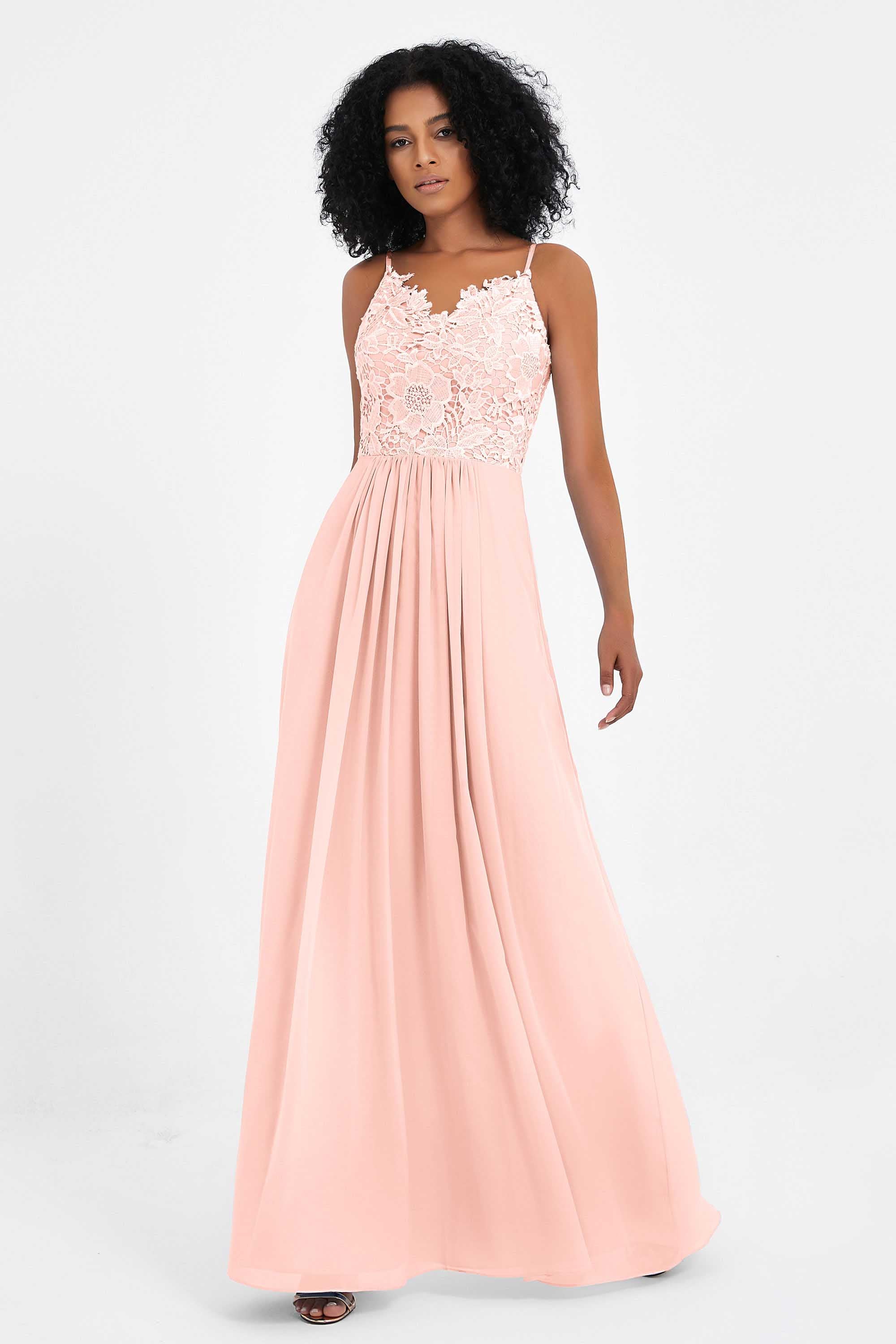 Spaghetti Straps Chiffon Lace Bridesmaid Dress Ruched Long Formal Evening Dresses Gowns