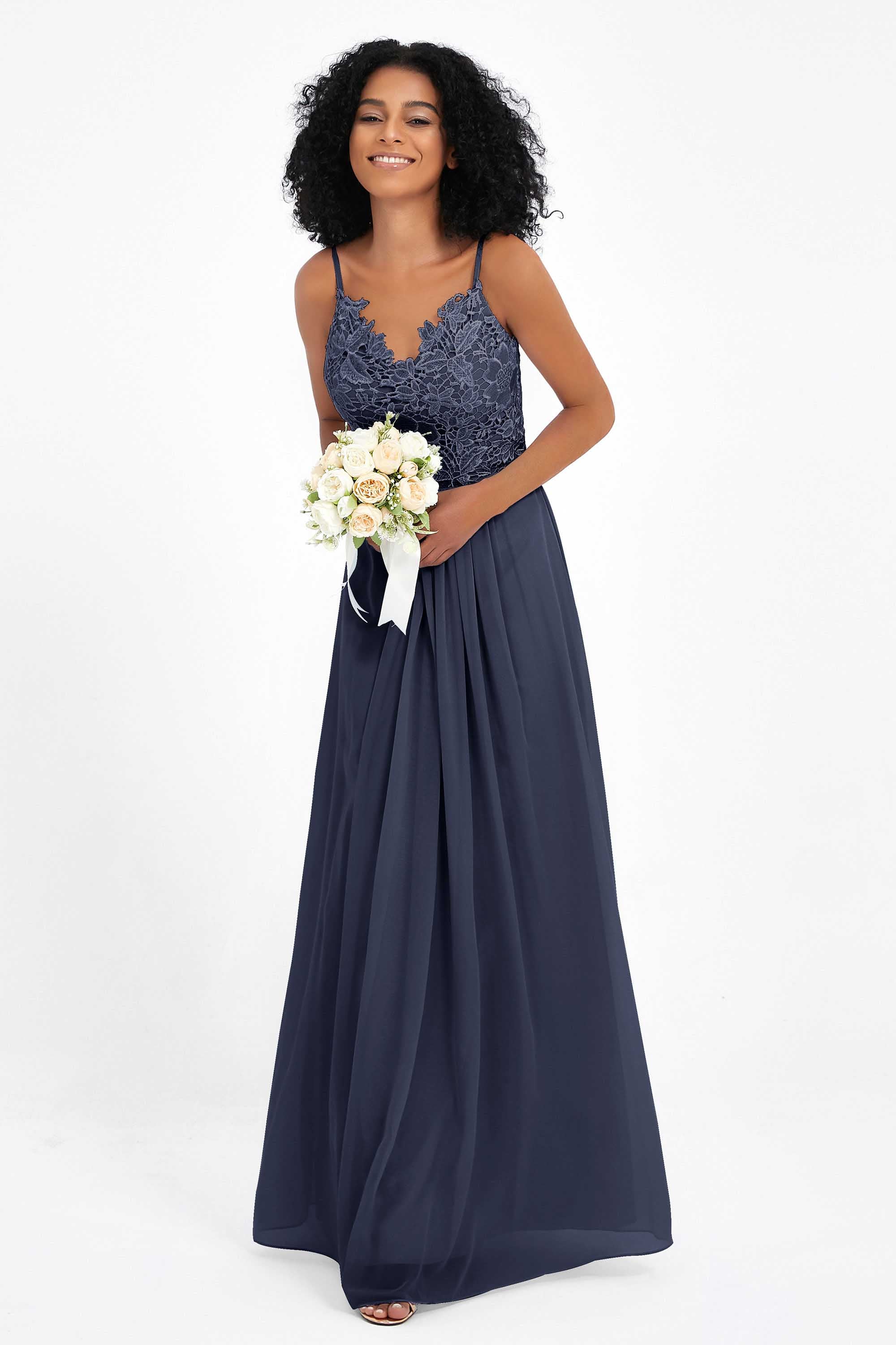 Spaghetti Straps Chiffon Lace Bridesmaid Dress Ruched Long Formal Evening Dresses Gowns