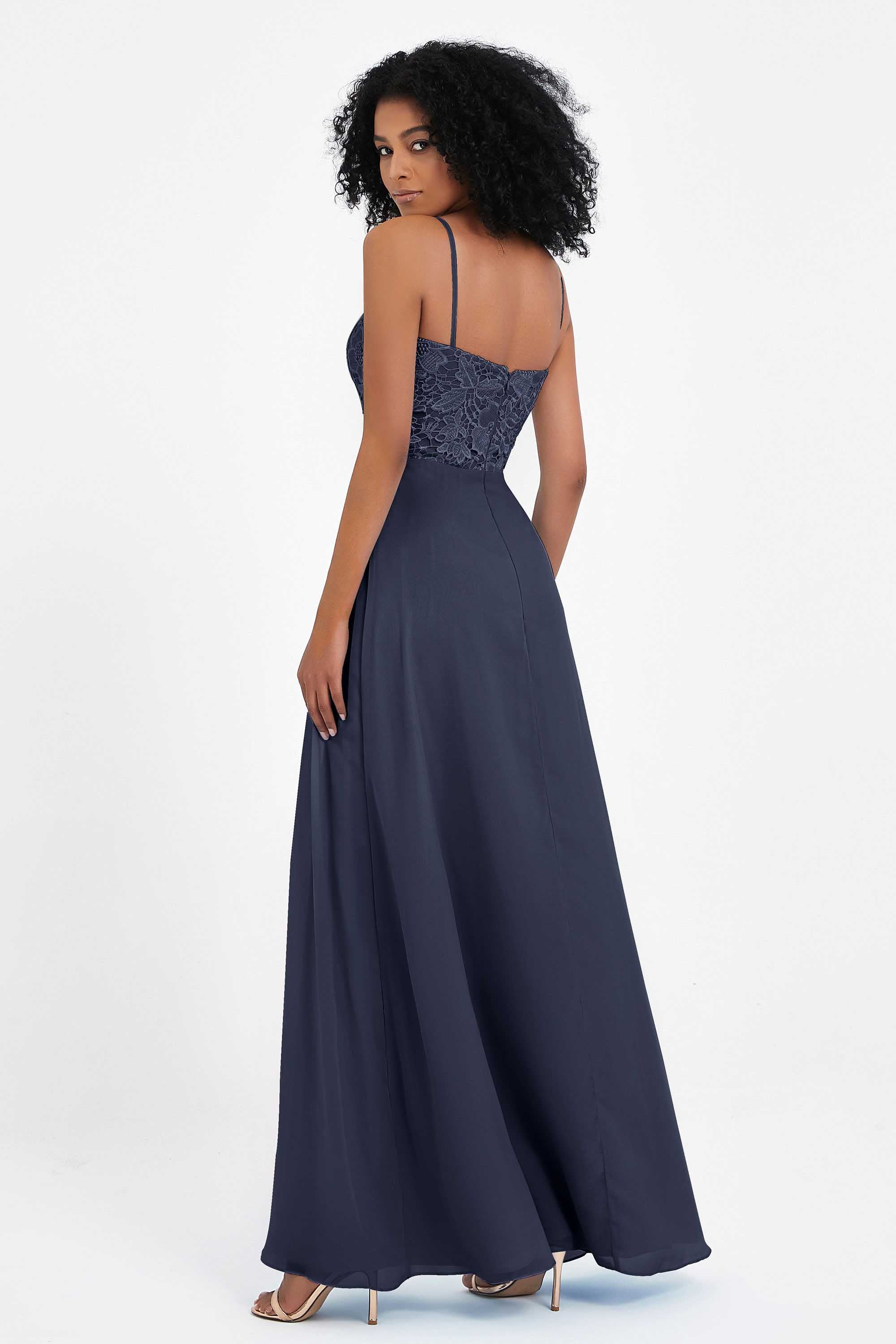 Spaghetti Straps Chiffon Lace Bridesmaid Dress Ruched Long Formal Evening Dresses Gowns
