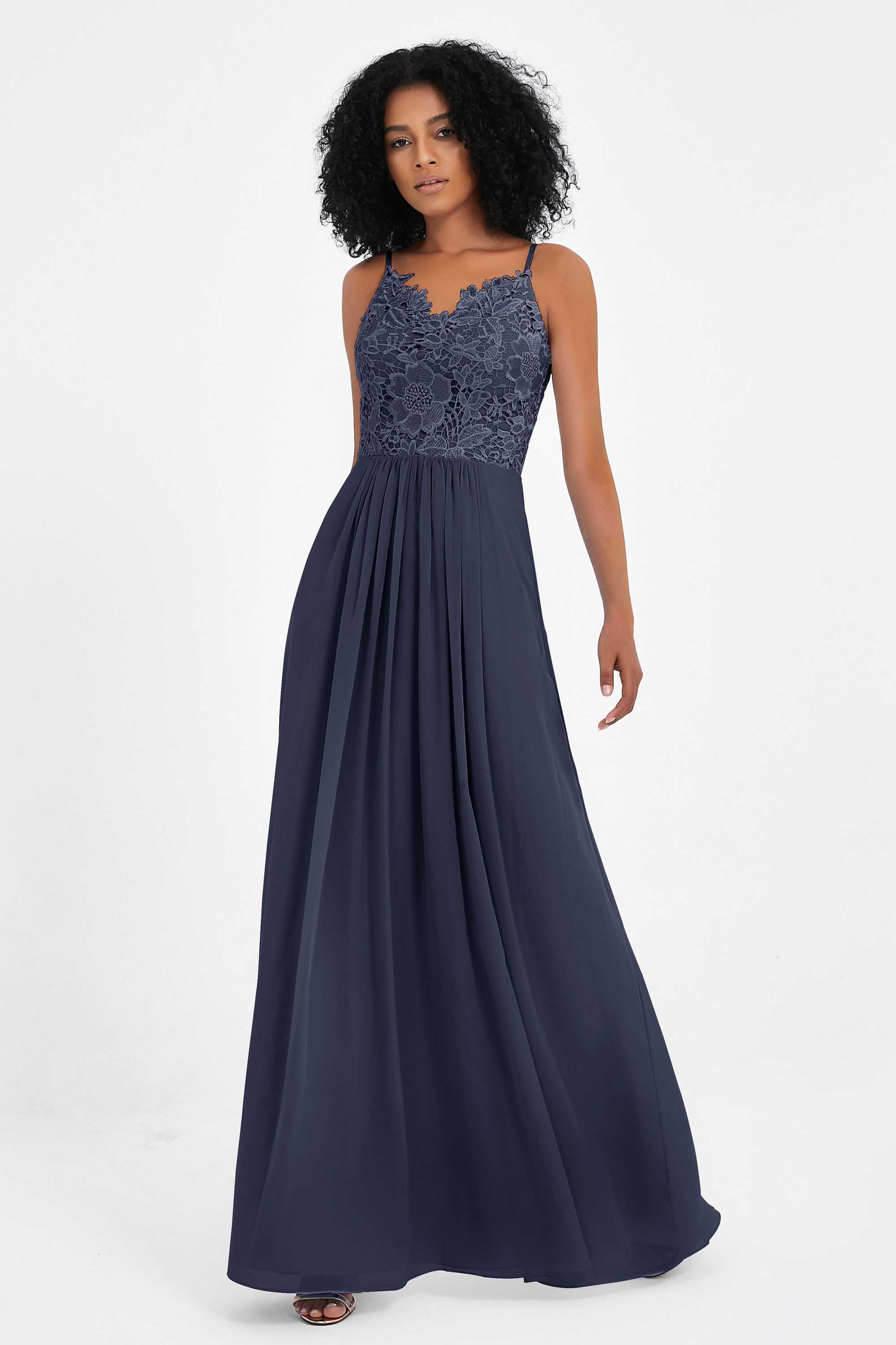 Spaghetti Straps Chiffon Lace Bridesmaid Dress Ruched Long Formal Evening Dresses Gowns