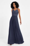 Spaghetti Straps Chiffon Lace Bridesmaid Dress Ruched Long Formal Evening Dresses Gowns