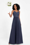 Spaghetti Straps Chiffon Lace Bridesmaid Dress Ruched Long Formal Evening Dresses Gowns