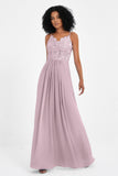 Spaghetti Straps Chiffon Lace Bridesmaid Dress Ruched Long Formal Evening Dresses Gowns
